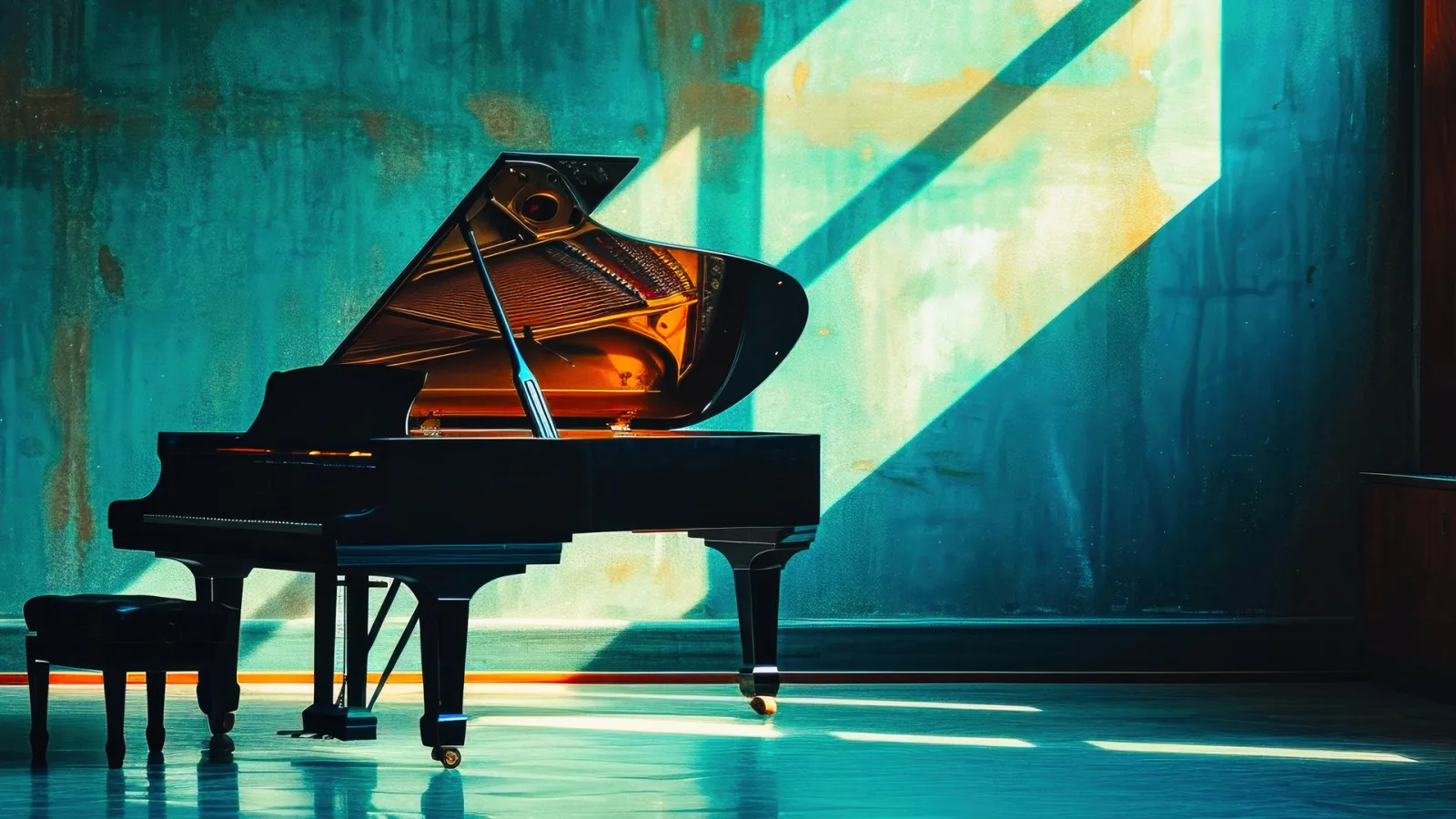 Concert grand piano in a teal coloured hall